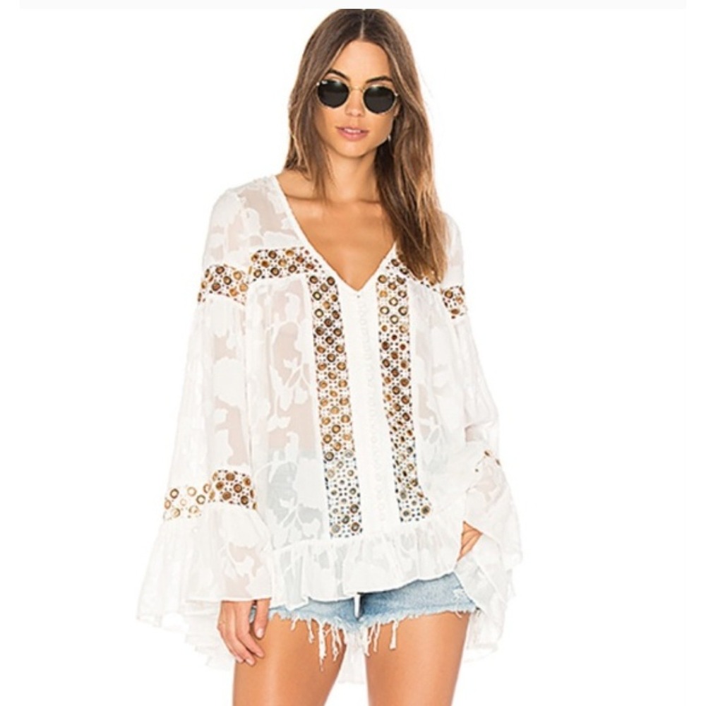 We Are Kindred Boho Eyelet Grommet Beachy Coastal Floral Blouse Top - Picture 2 of 8